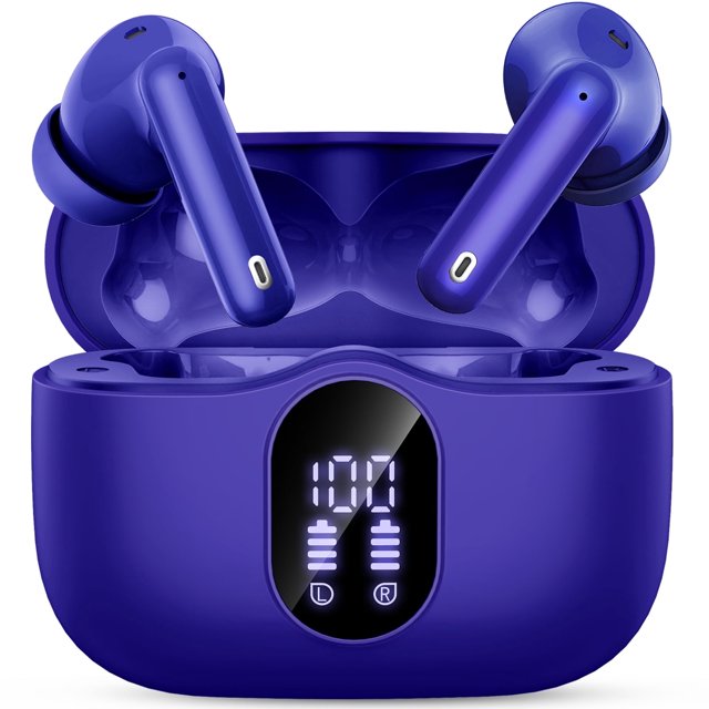 audífonos inalámbricos, audífonos bluetooth 5.4 estéreo de bajos, audífonos con micrófono con cancelación de ruido y pantalla led, 36h de reproducción audífonos intrauditivos, audífonos deportivos im Vista frontal, estuche abierto en todo azul mostrando audífonos intrauditivos Aptkdoe con diseño curvo y puntas de silicona, varillas cortas, pantalla LED frontal que indica porcentaje y niveles L/R, acabado brillante y tamaño compacto; indicado para deporte, llamadas y uso con baja latencia.