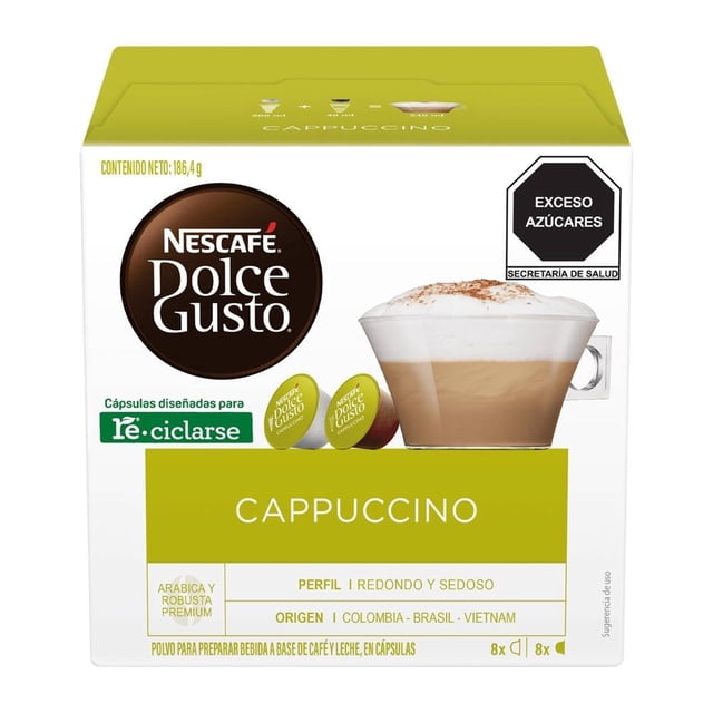 cápsulas de café nescafé dolce gusto cappuccino 16 pzas caja frontal con taza de cappuccino con espuma; vista frontal centrada, logo NESCAFÉ Dolce Gusto arriba a la izquierda, sello "Exceso Azúcares" arriba a la derecha, recuadro verde con texto "Cappuccino", dos cápsulas verdes que indican reciclable, origen Colombia-Brasil-Vietnam y perfil redondo y sedoso en la caja, apta para máquina Dolce Gusto.