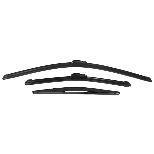 conjunto de limpiaparabrisas delantero y trasero de 3 piezas de 26" 17" 14" que se adapta a Honda CR-V con gancho J / U en negro, tres hojas negras alineadas horizontalmente (26", 17", 14") con adaptador de gancho visible, borde de goma resistente al desgaste y cuerpo de soporte liso sobre fondo blanco. Producto no OEM; ajuste directo para reemplazo de hojas viejas; también suele usarse para comprobar montaje en otros vehículos con gancho J/U.