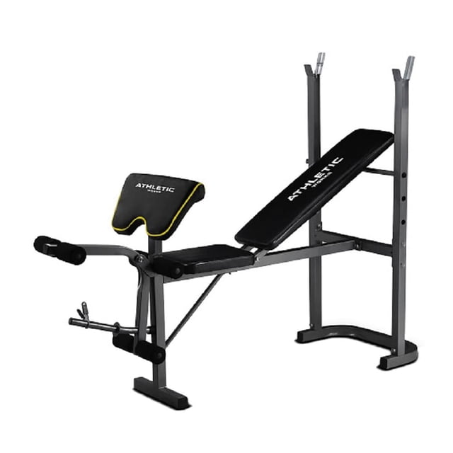banca para ejercicio athletic works con respaldo y asiento banco ajustable negro de acero con respaldo y asiento acolchonados, soporte para barra de press (barra no incluida), rulo para piernas y pupitre predicador con logo Athletic Works; vista 3/4, suele usarse también para rutinas de tonificación y ejercicios aislados en casa.
