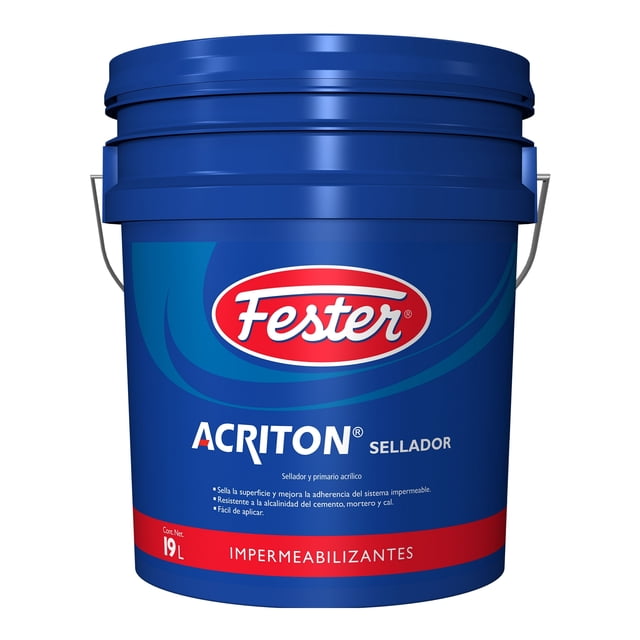 sellador y primario acrilico fester acriton sellador 19 l bote azul frontal con tapa y asa. Envase de 19 L con etiqueta Fester y texto Acriton, base agua para sellar superficies y mejorar la adherencia del sistema impermeable; resistente a la alcalinidad de cemento, mortero y cal y fácil de aplicar. A menudo se emplea como imprimante antes de impermeabilizantes.