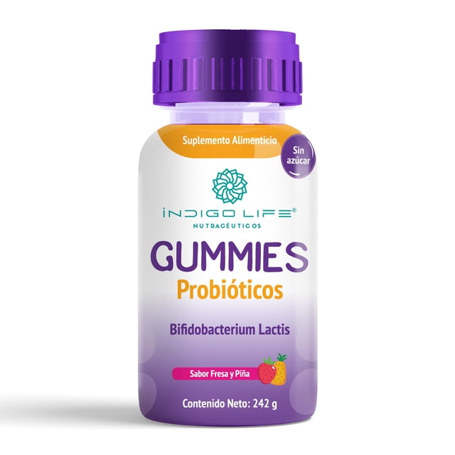 gummies probioticos bifidobacterium lactis indigo life nutraceuticos sabor fresa y piña 242 gr Frasco con tapa morada y etiqueta blanca y morada que muestra el logo INDIGO LIFE, texto "GUMMIES Probióticos" y "Bifidobacterium Lactis", sello "Sin azúcar", pictograma de fresa y piña y contenido neto 242 g.
