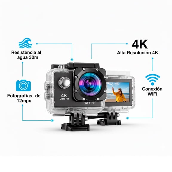 Cámara de Acción Ultra HD | Sumergible 30 Metros | 16MP con Wi-Fi | Pantalla HD 2.0" y  Accesorios