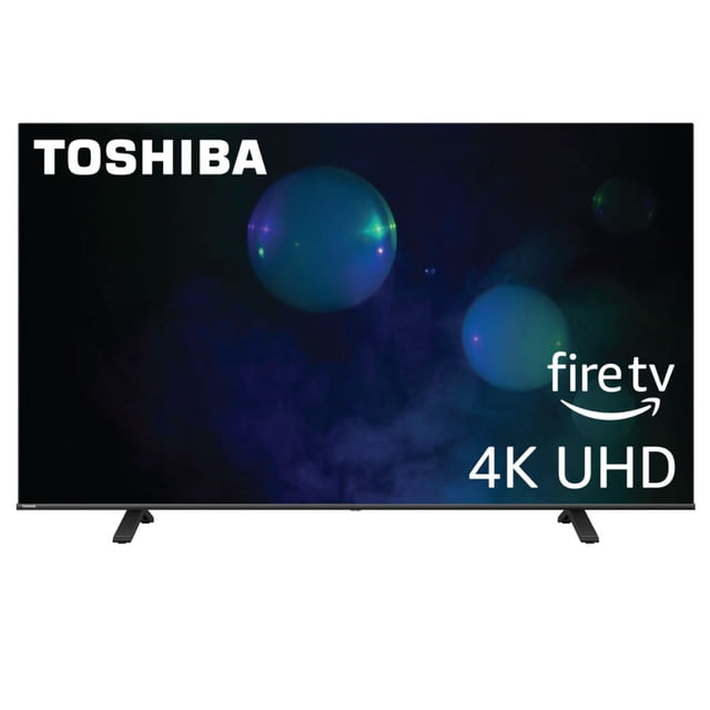 pantalla toshiba 55 pulgadas fire tv negro 55 pulgadas 4K Ultra HD televisor inteligente con Fire TV, marcos delgados y base de soporte visible; frontal con logotipo Toshiba y texto 'fire tv 4K UHD', indicado para streaming y control con Alexa y Apple AirPlay.
