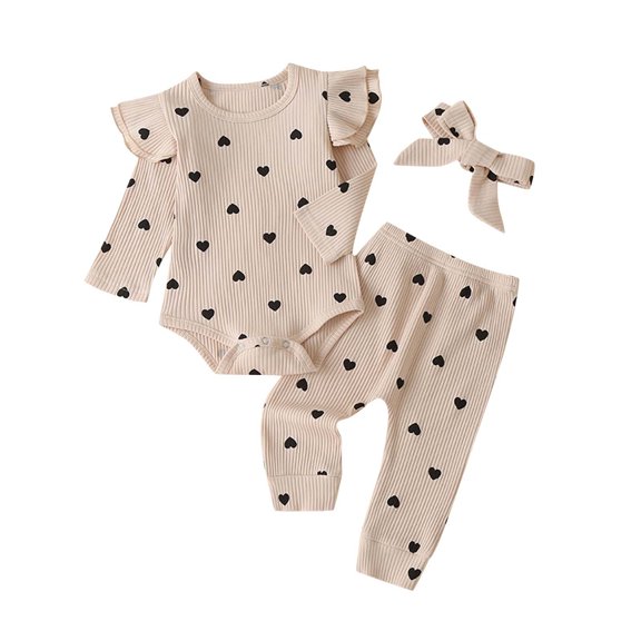 Body De Bebé, Conjunto De Canastilla, Onesies Para Niños Pequeños, Niñas, Estampado De Corazón, Volantes, Pantalones, Diadema, Ropa, Traje Beige Odeerbi  LM103-4658