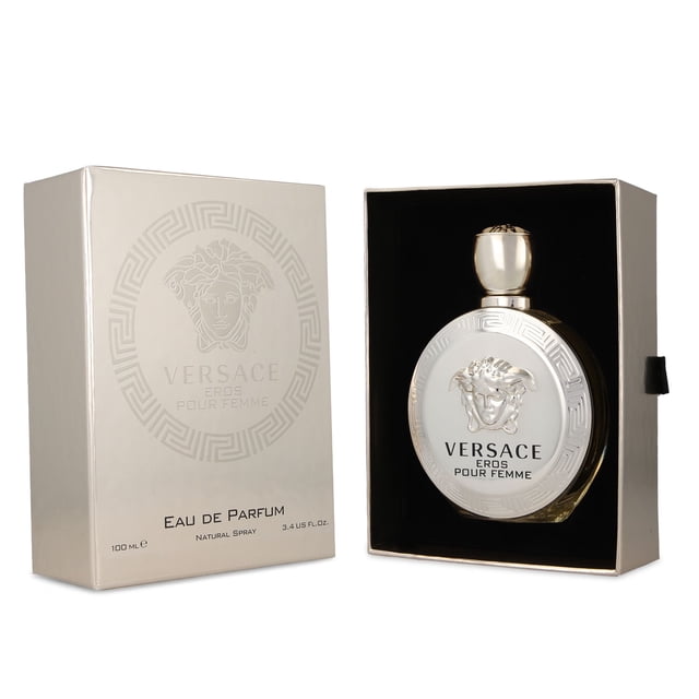 versace eros pour femme 100 ml edp spray frasco redondo blanco y dorado con medusa en relieve dentro de estuche abierto negro y caja plateada a la izquierda, toma frontal en estudio sobre fondo blanco; almizcle floral amaderado indicado en la ficha del producto.
