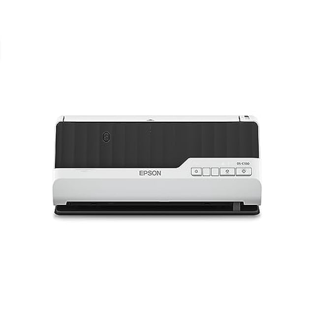 escáner de documentos compacto de escritorio epson ds-c330 duplex con alimentador automático de documentos (adf) Vista frontal centrada del Epson DS-C330 en blanco con panel superior gris oscuro texturizado, botones de control a la derecha y logotipo Epson centrado; escaneo a doble cara de una sola pasada hasta 30 ppm/60 ipm, ADF compacto de 20 páginas, diseño vertical que ahorra espacio, y también es adecuado para digitalizar pasaportes y tarjetas.