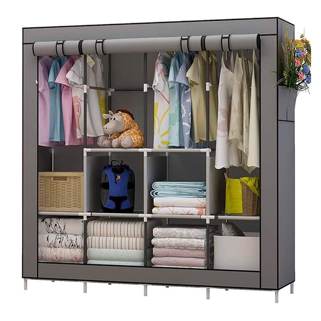closet ropero armable grande practiksa organizador zapatera color negro. Vista frontal con 10 secciones internas: 4 espacios altos para colgar prendas largas y 6 cubos para ropa de cama, toallas, zapatos o bolsos. Estructura con tubos de aluminio, conectores de plástico y funda cubrepolvo; medidas 175 cm alto x 45 cm ancho x 170 cm largo. Diseño ligero y fácil de armar, también apto como organizador temporal para almacenamiento de temporada.
