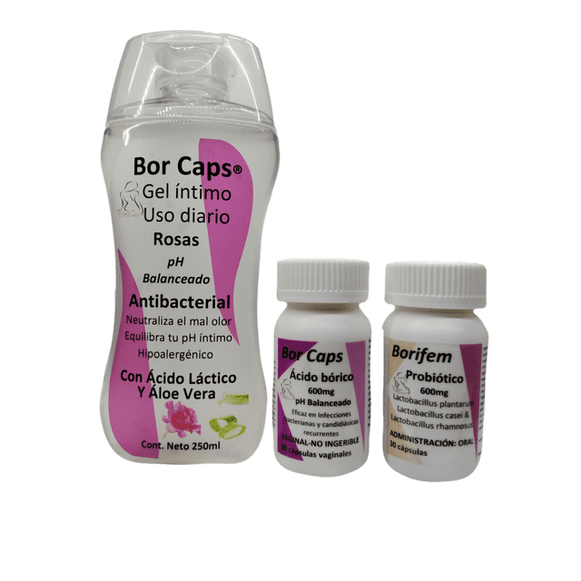 kit bor caps ph balance- cuidado íntimo femenino bor caps kit Rosa, vista frontal centrada con gel íntimo de 250 ml y dos frascos de cápsulas vaginales; botella rosa etiquetada 'Bor Caps Gel íntimo Uso diario Rosas pH Balanceado Antibacterial' y frascos blancos rotulados 'Ácido bórico' y 'Probiótico'. Producto sobre fondo neutro; apoya el equilibrio del pH fisiológico íntimo según especificaciones del fabricante.