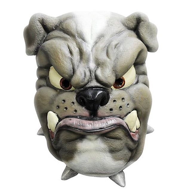 bulldog mask ghoulish máscara Ghoulish máscara de látex marrón, vista frontal centrada de bulldog gruñón con arrugas marcadas, ojos crema con pupilas marrón, nariz negra brillante, labios rosados y colmillos blancos; ideal para Halloween y disfraces, también usada como accesorio teatral.