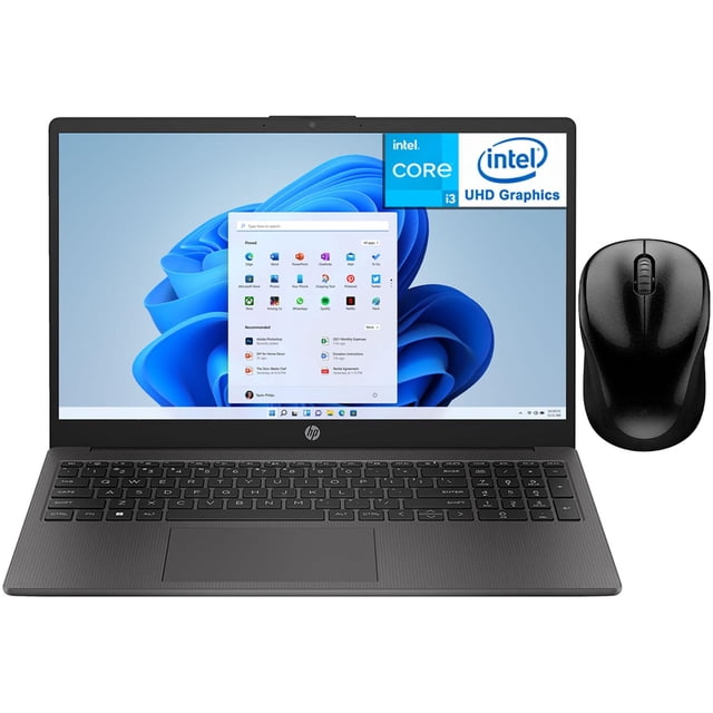 laptop hp 250 g10 intel core i3 n305 16gb ssd 512gb 15.6" teclado español mouse dxt estudio y productividad frontal 3/4 con pantalla 15.6" HD, chasis negro y teclado en español tamaño completo; touchpad amplio y textura lineal en la cubierta; mouse negro a la derecha. Adecuada para oficina, estudio y entretenimiento ligero.