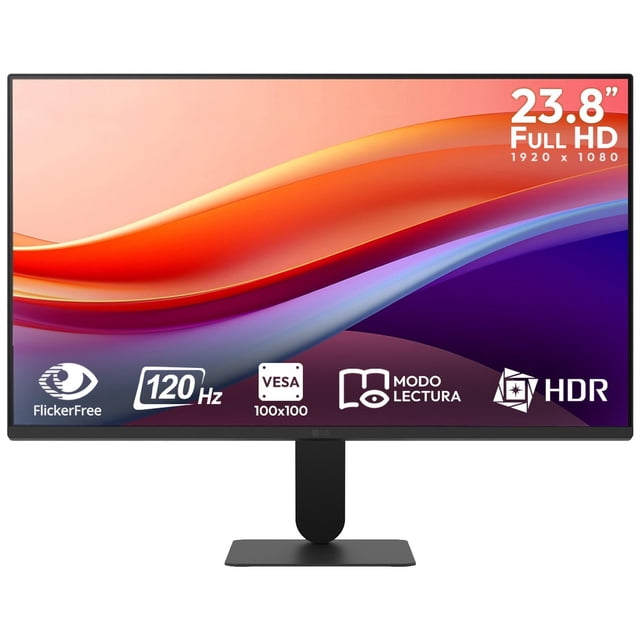 monitor 23.8" lg 24u411a-b 5ms 120hz panel ips full hd hdmi d-sub — Vista frontal centrada de monitor LG negro 23.8" Full HD con panel IPS y bisel delgado; soporte con base rectangular y brazo vertical, pantalla muestra gráficos ondulados e iconos de 120Hz, VESA 100×100, Modo Lectura y HDR. Adecuado para escritorio, estudio y edición ligera de imagen.