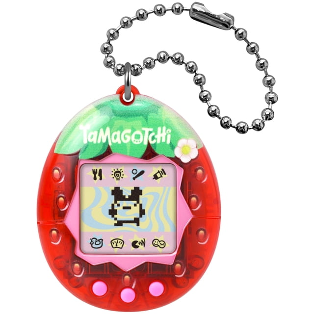 fresa fresca original de digital pet tamagotchi multicolor Tamagotchi en forma de huevo, vista frontal con carcasa roja translúcida y detalle verde superior con flor; pantalla LCD cuadrada con marco rosa muestra mascota pixelada y iconos de comida, baño, medicina y juego; tres botones rosados en la base y cadena metálica para llevar. Incluye batería CR2032 y programación de la generación 2 con el juego Number; apropiado a partir de 8 años; también suele usarse como llavero coleccionable retro.