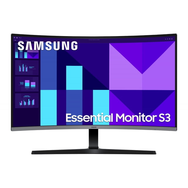 monitor curvo samsung essential s3 s39gd lcd 32 pulgadas un plano frontal centrado de un monitor Samsung Essential S3 curvo de 32" en negro con biseles delgados, base en T y peana curva, pantalla 16:9 con gráficos morado y turquesa; Full HD 1920x1080, LCD, 100 Hz y 4 ms según especificaciones; suele usarse para estaciones de trabajo multimedia.