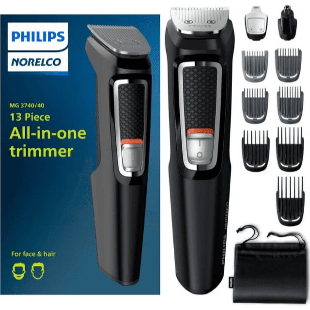 rasuradora barba/nariz/oido philips recargable, 13 piezas: recortadora principal negra con detalles gris y naranja, peines guía de varios tamaños, cabezal de precisión y cabezal para nariz y oreja, estuche negro; cuchillas de acero autoafilables y piezas lavables bajo el agua; también adecuada para recortar patillas y detalles de bigote.