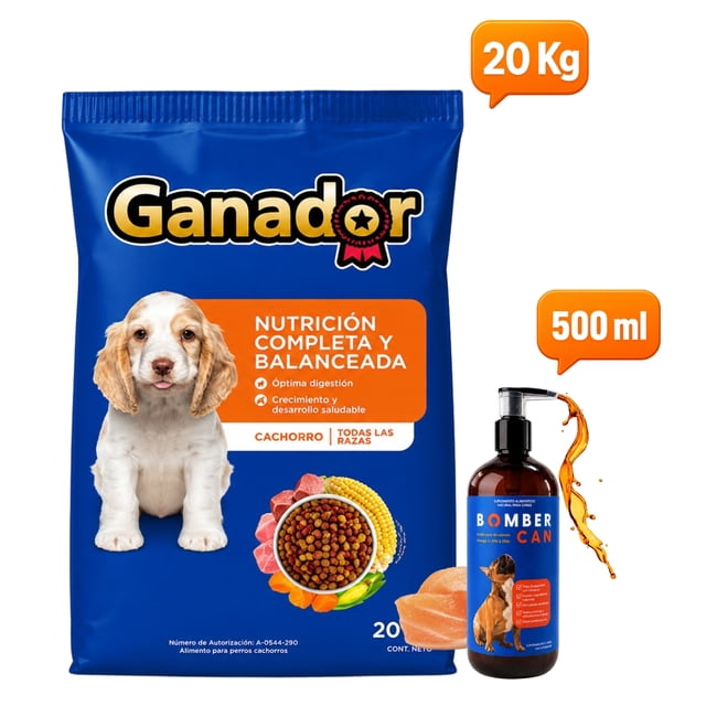 Croquetas Para Perro Ganador Original Cachorro 20 Kg con Bomber Can aceite de Salmon 500 ml