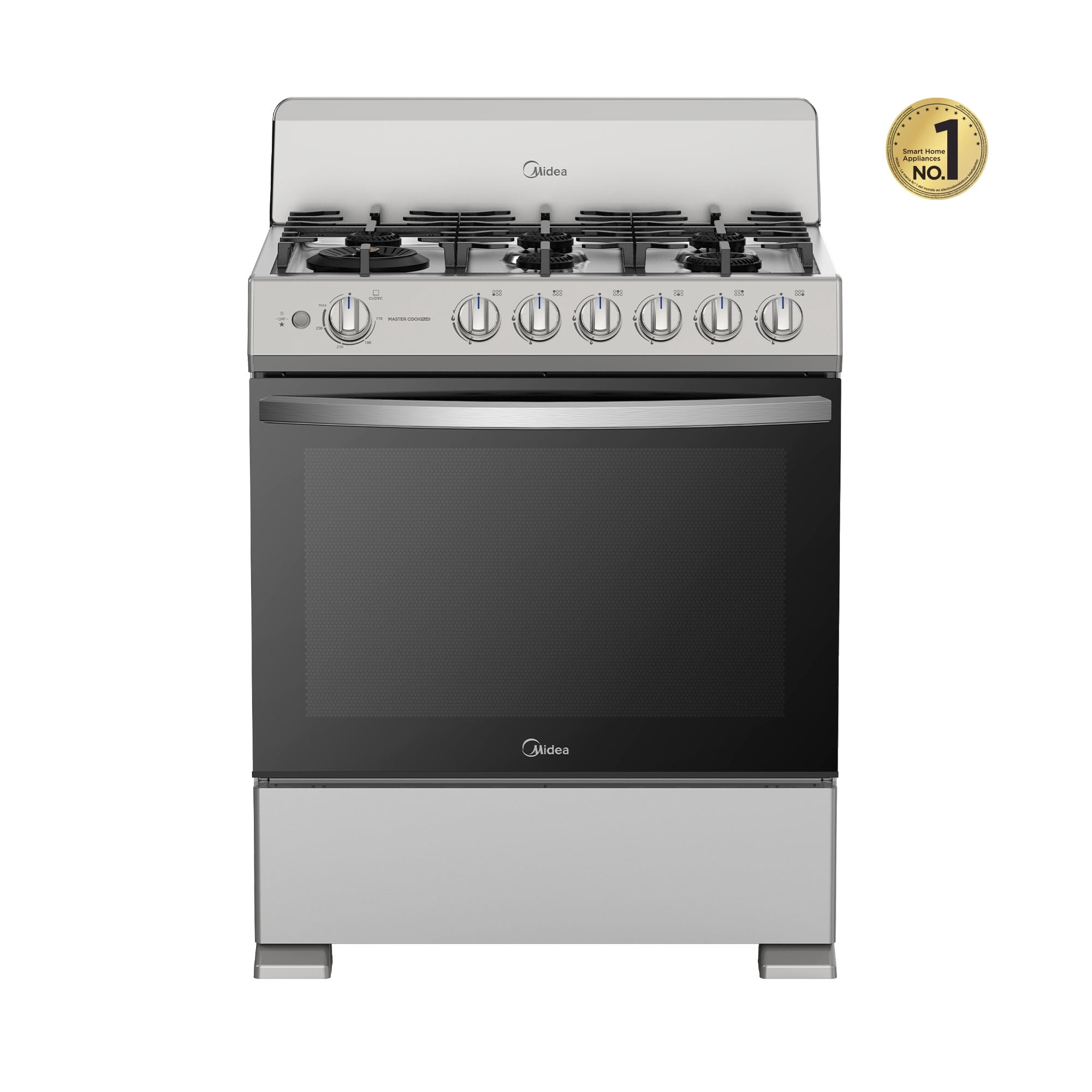 Estufa Midea Piso de 30 Pulgadas con 6 Quemadores Plateada con Copete MGS30FS1BIABGF