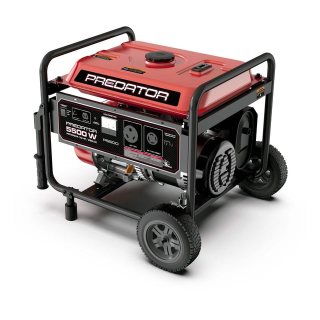 generador portátil 5500w 110v/220v 60hz c/motor 10 hp Nuevo generador portátil Predator rojo, vista frontal 3/4 con chasis tubular, ruedas y asa; tanque superior de 25 L con tapa, panel frontal con tomas 110 V/220 V y controles, motor a gasolina 4 tiempos expuesto y ventilador lateral. 5,500 W máxima, corriente nominal 41.9 A (110 V), arranque manual o eléctrico; suele usarse para electrodomésticos, herramientas de trabajo y energía de emergencia.