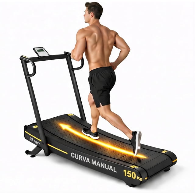 caminadora curva plegable bluelander con pantalla digital, velocidad 22 km/h, desacelerador inteligente con soporte para teléfono y ruedas de transporte Vista 3/4 de la caminadora autopropulsada con superficie curva 120 × 40 cm y cinta negra marcada "CURVA MANUAL"; estructura negra con pasamanos, consola con pantalla digital y soporte para teléfono, capacidad impresa 150 Kg, ruedas y asa para transporte y diseño plegable con sistema de desaceleración suave. Apta para entrenamiento y para mejorar la pisada ergonómica; a menudo usada también para sesiones de sprint en espacios reducidos.