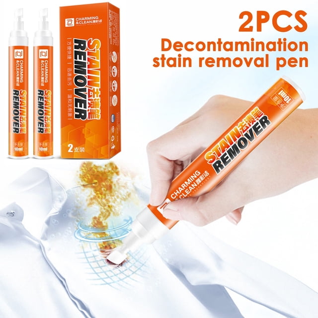 limpiadores domésticos 2 piezas el bolígrafo quitamanchas es para lavar la ropa y es cómodo de llevar para limpiar manchas de aceite y manchas 10 ml x 2 piezas tide to go — Dos bolígrafos quitamanchas multicolor (2 x 10 ml) con caja naranja, vista frontal con aplicador de punta esponja limpiando una mancha de aceite sobre una camisa blanca; compacto y portátil, a menudo usado para retoques rápidos en prendas durante viajes.