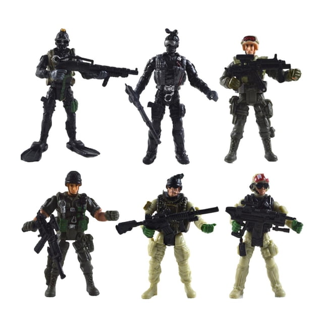 mini articulado de 6 piezas yotijar juguetes de exhibición Juego de seis figuras de acción militares articuladas, vista frontal en dos filas sobre fondo blanco. Figuras de plástico (aprox. 6 x 10 cm) con cascos o boinas, chalecos tácticos y armas, cabeza y piernas móviles; colores variados según las imágenes, aptas para colección o exhibición.