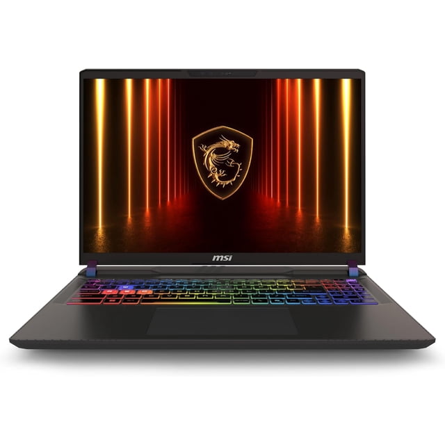 laptop gamer msi vector 16 hx ai 16" qhd+ 240hz core ultra 9 275hx 16gb ram 1tb ssd rtx 5080 16gb windows 11 teclado rgb gris — Vista frontal con portátil abierta, pantalla QHD+ de 16" encendida y logo MSI; chasis Cosmo Gray, teclado full-size con retroiluminación RGB por tecla, panel táctil centrado y rejillas de ventilación traseras visibles; a menudo usada como estación portátil para edición de video y render.
