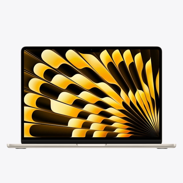 apple macbook air 13 pulgadas chip m5 16 gb ram 512 gb - blanco estelar, vista frontal centrada de la portátil abierta con pantalla Liquid Retina 13.6" mostrando un gráfico dorado; chasis ultradelgado de aluminio en acabado blanco estelar, biseles finos y cámara en el marco superior, peso 1.24 kg y configurada para productividad y edición; a menudo se usa también como equipo de estudio y para trabajo móvil.