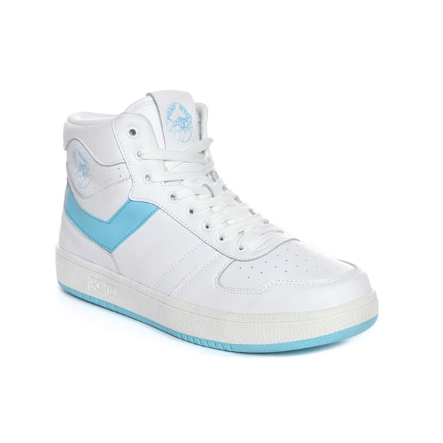 tenis casuales pony city wings hi icy water blanco para hombre modelo 0254 Tenis de bota blanco con paneles azul icy, vista 3/4 frontal; parte superior en cuero sintético con puntera perforada, ojales metálicos y lengüeta alta con logo circular en azul, forro textil y plantilla preformada; suela de goma blanca con banda inferior azul y dibujo de tracción. También adecuados para uso urbano diario.
