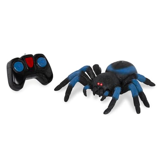 terra by battat – araña de control remoto para niños – tarántula rc con ojos led – animal realista y patas móviles – movimiento rápido y giro de 360 – tarántula azul – 6 años +: tarántula RC azul y negra en vista frontal con ocho patas articuladas, rayas azules en el abdomen, colmillos y ojos LED rojos encendidos; control remoto infrarrojo negro con botones a la izquierda; fondo blanco; también es adecuada para juego de imitación y escenas de aventura imaginaria.