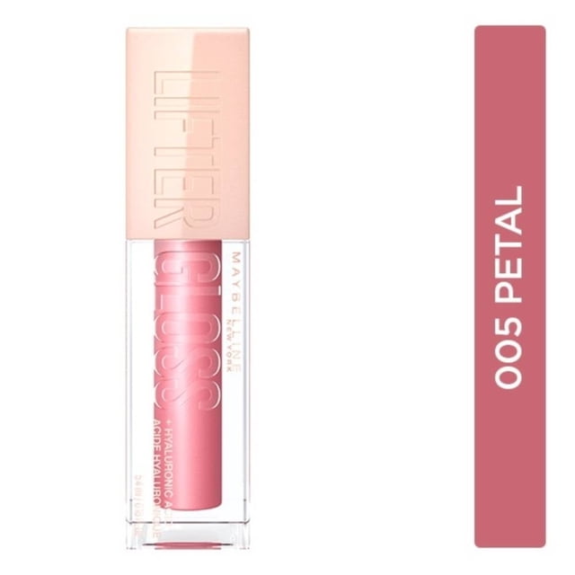 gloss hidratante de larga duración con ácido hialurónico, maybelline lifter tono petal 005, 5.4ml Vista frontal centrada del gloss Maybelline Lifter tono Petal 005; envase rectangular transparente que muestra líquido rosado coral, tapa beige con texto en relieve, leyenda lateral indica ácido hialurónico y brillo hidratante hasta por 4 horas, tamaño compacto 5.4 ml.