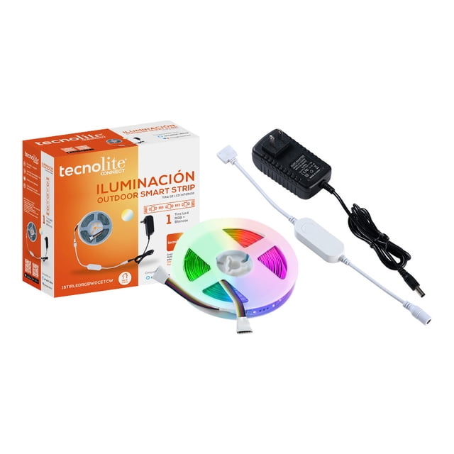 tira led rgb wifi tecnolite 5 metros Tira LED inteligente WiFi Tecnolite 5 metros con luz RGB y blanca, rollo frontal de la tira iluminada en varios colores, conector y controlador blancos, adaptador de corriente negro y caja naranja sobre fondo blanco; IP65 para exterior y se pueden interconectar hasta 2 tiras (10 m).