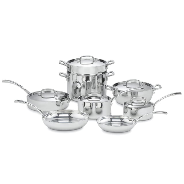 juego de utensilios de cocina cuisinart fct-13 french classic tri-ply, 13 piezas set plateado de batería de cocina en acero inoxidable de triple capa; incluye sartén de 10 in (25 cm) y de 8 in (20.3 cm), ollas y cacerola con tapas y asas huecas que no se calientan, apto para lavavajillas; a menudo se usa también para cocinar porciones grandes.