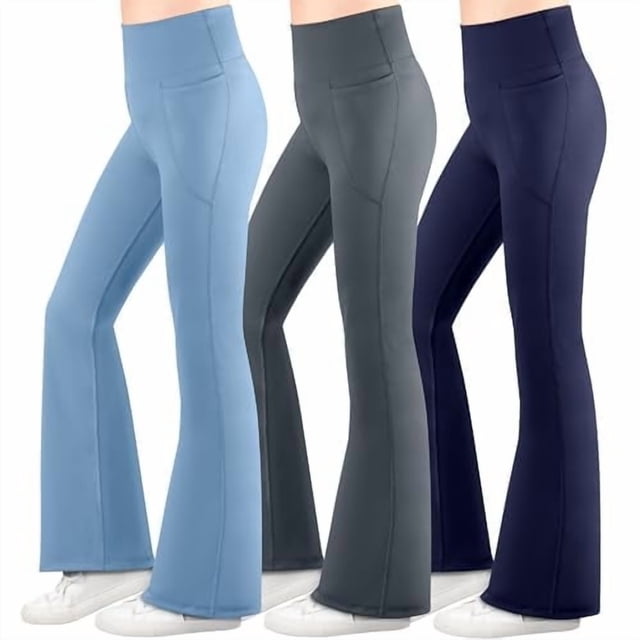 BIG ELEPHANT 3 Packs de Leggings Acampanados para Niña con Bolsillos Laterales, Pantalones Acampanados de Cintura Alta para Baile