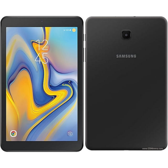 samsung galaxy tab a 8.0 (2018), 32 gb, negro, 100% auténtico frente y reverso; vista centrada de la tablet negra 8.0" mostrando pantalla Android y carcasa trasera lisa con cámara trasera cuadrada y logo Samsung, compacto con conectividad LTE y 32 GB de almacenamiento, también suele usarse para lectura de ebooks y reproducción de video en movimiento.