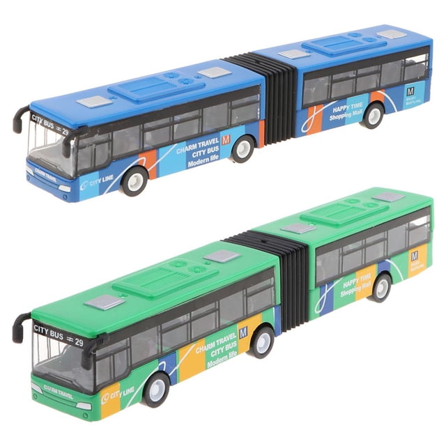 2 autobuses de juguete coleccionables a escala 1:64 de metal fundido con mecanismo de retroceso. Regalos para el hogar. Azul verde
