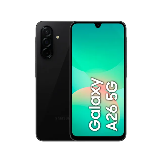 smartphone samsung galaxy a26 5g dual sim 256gb 8ram- black vista frontal y trasera, teléfono negro con pantalla AMOLED de 6.7" encendida (texto Galaxy A26 5G), módulo trasero vertical con triple cámara y flash, lector de huellas lateral; menciona 120Hz, cámara 50MP con OIS y batería 5000 mAh. A menudo se usa también como teléfono secundario para viajes.