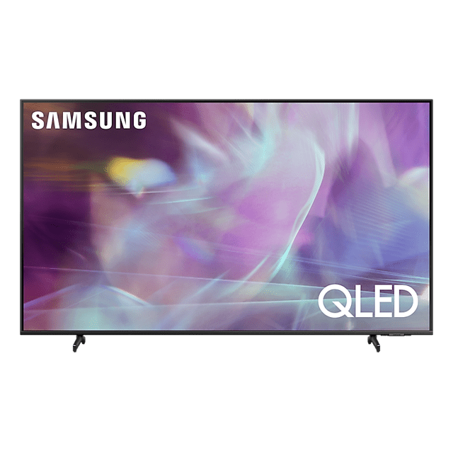 samsung smart tv 55" q60a qled 4k 2021 samsung qled Vista frontal centrada de un televisor Samsung QLED 55" en Titan Gray con pantalla mostrando tonos morado y azul, logotipo Samsung superior izquierdo, texto QLED inferior derecho y patas en V dobles; Smart TV 4K adecuada para streaming y uso con consolas de videojuegos.