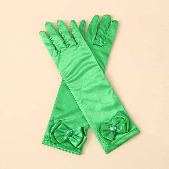Zhuge Guantes de princesa, guantes largos de satén blanco para niña, guantes de princesa con lazos de diamantes para cumpleaños, bodas, fiestas de disfraces, color verde