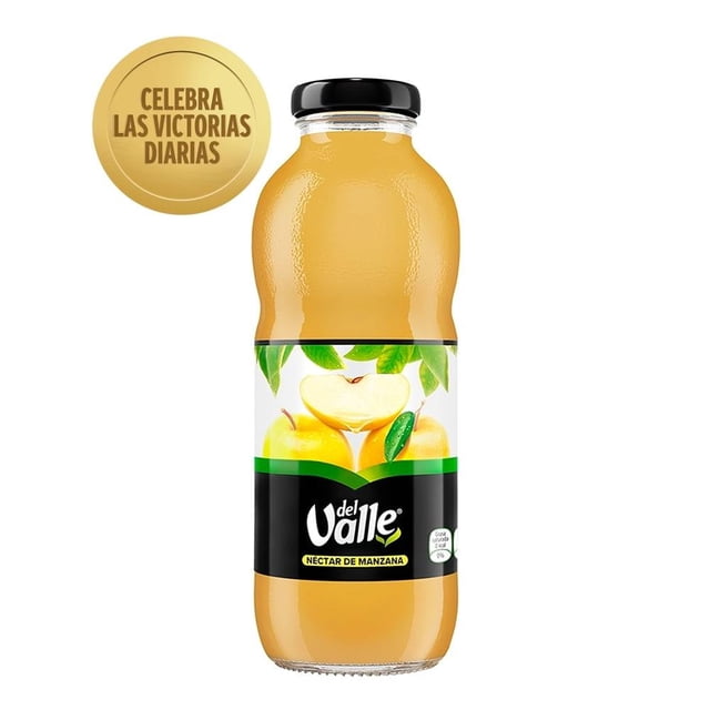 néctar del valle de manzana 413 ml botella de vidrio frontal con etiqueta negra y gráfica de manzana, tapa negra y líquido ámbar; bebida refrescante ideal para acompañar comidas, con medallón dorado que dice 'Celebra las victorias diarias'.