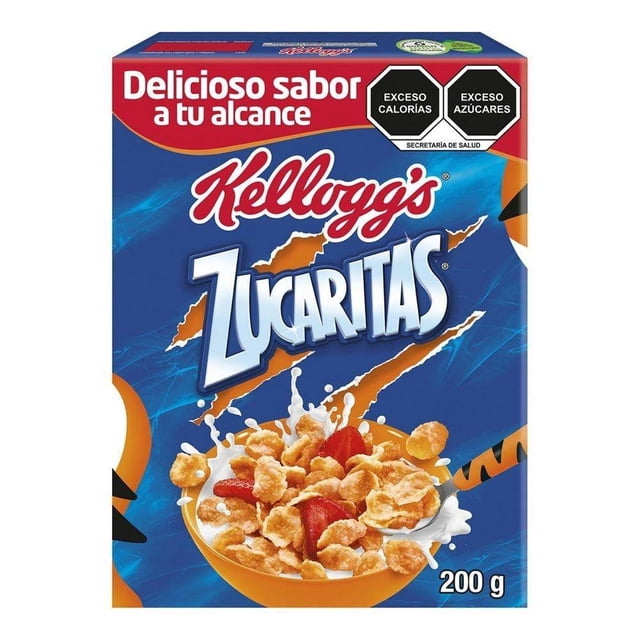 cereal kellogg's zucaritas original 200 g Caja frontal centrada del cereal Kellogg's Zucaritas original 200 g; fondo azul con rasgaduras naranjas, logo Kellogg's arriba y nombre Zucaritas grande. Primer plano de tazón naranja con hojuelas de maíz azucaradas sobre leche salpicando y trozos de fresa; peso 200 g visible. Ideal como complemento en lunch o snack y a menudo usado como topping crujiente en fruta o helados.