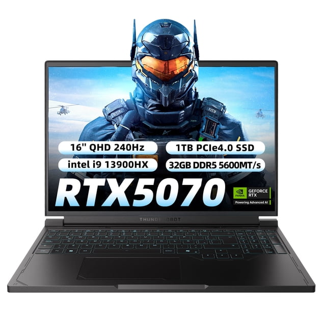 laptop gamer thunderobot rs16 intel core i9 13900hx rtx 5070 16'' qhd 240hz 32gb ram 1tb ssd negro — Vista frontal centrada del portátil abierto con pantalla 16" QHD mostrando arte de videojuego; teclado negro con retroiluminación RGB y teclas con letra ñ grabada, touchpad centrado y logo ThundeRobot en el bisel. Ideal para sesiones de juego de alto rendimiento; también suele usarse como estación móvil para edición y streaming ligero.