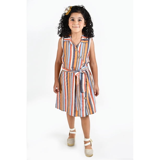 Vestido de niña lino multicolor Roman Fashion /Kids, 35081 (Rayas multicolor) naranja 7 Años