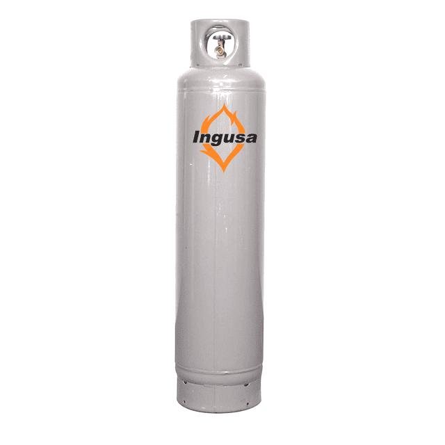 cilindro para gas lp ingusa pt30cil_01 de 30 kgs válvula tradicional cilindro vertical gris con pintura electrostática y logotipo INGUSA, válvula tradicional en la parte superior; indicado como práctico y fácil de transportar, adecuado para asadores, carritos de comida o calefactores en hogares pequeños según especificaciones.