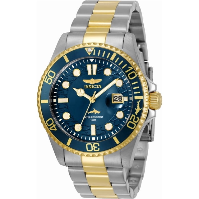 reloj invicta pro diver 30021 hombres acero, oro 43mm acero inoxidable invicta pro diver 30021 reloj estilo Pro Diver con caja de 43 mm en acero inoxidable plateado y bisel dorado, esfera azul con marcadores redondos luminiscentes, ventana de fecha a las 3 con lupa, corona dorada y brazalete bicolor acero y oro; a menudo usado como reloj de diario y para looks deportivos.