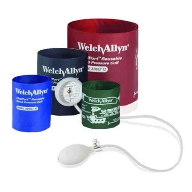 baumanómetro aneroide durashock 4 brazaletes welch allyn manómetro aneroide con carátula amplia de 5 cm, bulbín de inflado blanco, válvula metálica y cuatro brazaletes FlexiPort en tallas S, Adulto, Adulto L y Child (colores azul, negro, verde y rojo) con estuche de nylon reforzado.