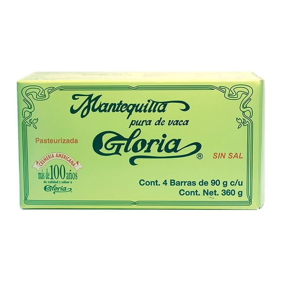 Mantequilla Gloria sin sal con 4 barras de 90 g c/u