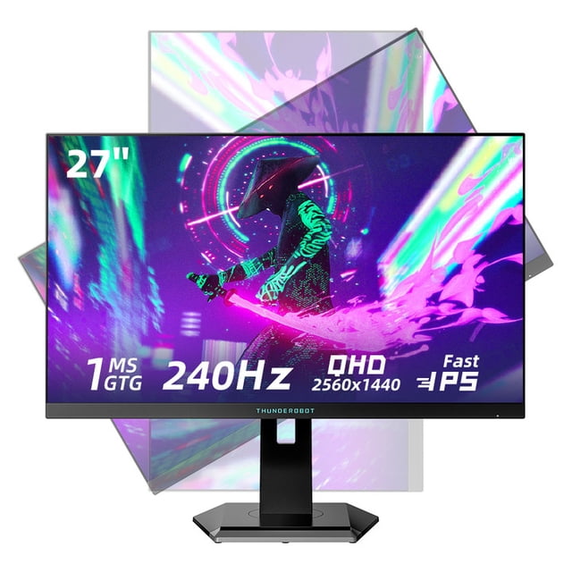 monitor gamer 240hz 27" 2k ips 1ms - thunderobot pantalla para pc gaming competitivo, qhd 2560x1440, adaptive sync, hdr, negro vista frontal centrada de monitor Thunderobot 27" QHD con panel Fast-IPS, biseles estrechos, base hexagonal negra y soporte ajustable; pantalla muestra gráficos de juego con textos 240Hz y 1ms GTG, acabado negro mate y conectividad HDMI/DP según especificaciones. Suele usarse también para streaming o edición ligera gracias a su resolución y alta tasa de refresco.