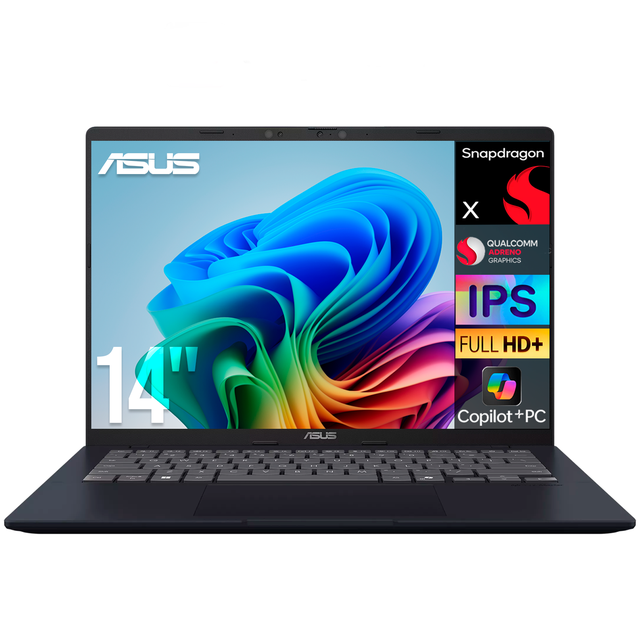 laptop ai pc asus vivobook 14 x1407qa snapdragon x 16gb lpddr5x 512gb ssd pantalla 14" ips fhd+ copilot+ pc npu 45 tops windows 11 teclado ingles — Vista frontal centrada de la ASUS Vivobook 14 azul con pantalla 14" IPS WUXGA 16:10, gráficos coloridos en pantalla, teclado chiclet inglés retroiluminado, cámara FHD en el marco superior, biseles delgados y pegatinas que indican Snapdragon, Adreno, IPS y Copilot+ PC. A menudo usada como equipo móvil para trabajo, estudio y creación de contenido.