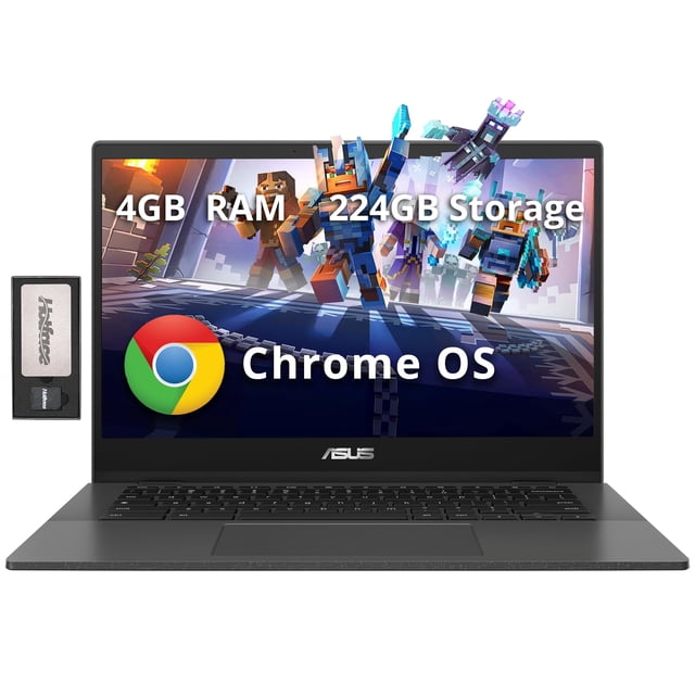 ordenador portátil asus chromebook cm1402 14 fhd antirreflectante de 4 gb/224 gb vista frontal centrada de laptop 14" con chasis gris oscuro mate, biseles delgados, teclado completo y trackpad; pantalla con Chrome OS y texto que indica 4GB RAM y 224GB de almacenamiento. También es adecuado para navegación y trabajo ligero.