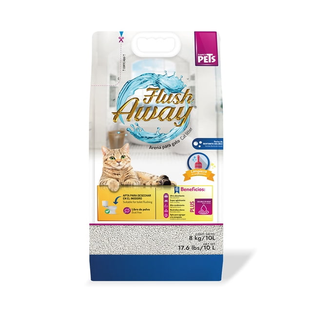 arena para gato 8kg aglutinante desechable en inodoro Flush Away bolsa frontal de 8 kg con asa, marca Fancy Pets, paquete blanco y azul con logo dorado y foto de gato; rótulos que indican aglutinado fuerte, desodorización y desecho en inodoro, vista de gránulos en la base; también suele usarse para rellenar cajas de viaje para gatos por su formato práctico.
